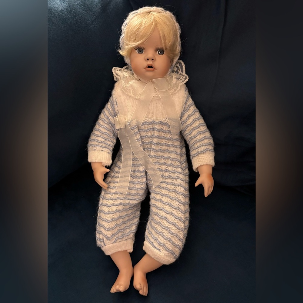 20” Beautiful Porcelain Doll w/ Blue and White Knit Onesie and Blonde Hair